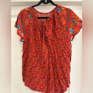SHEIN Red Floral Blouse with Blue Accents